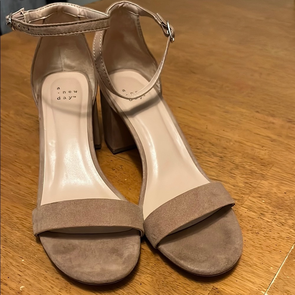 A New Day Tan Heels with Ankle Strap Womens Size 9.5